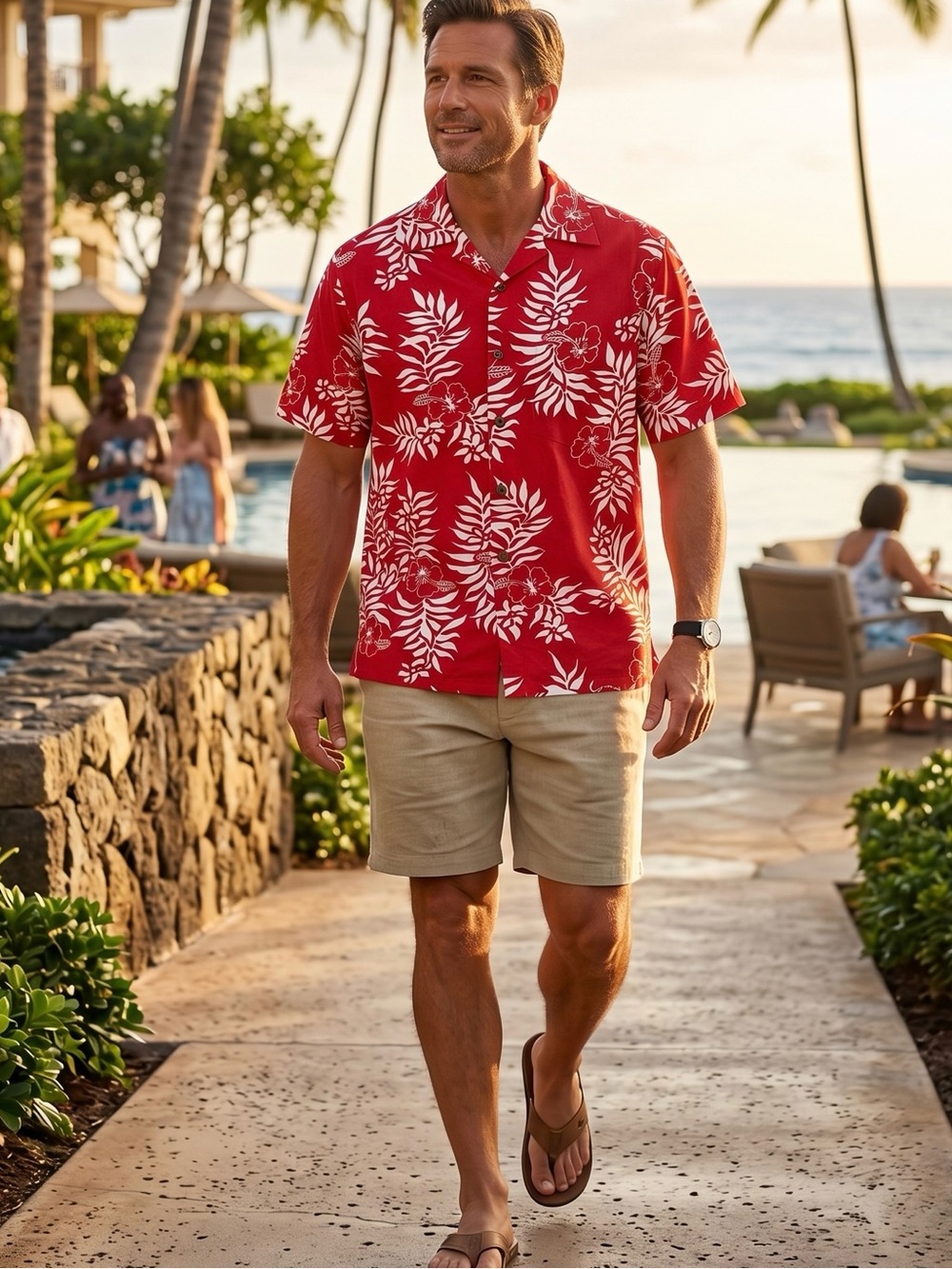 VTG Go Barefoot Hawaiian Aloha Camp Shirt Red Hibiscus USA M